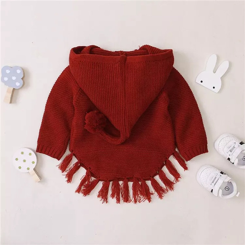 Winter 3M-24M Long Sleeve Knitted Fringed Hem Hooded Baby Sweater RED